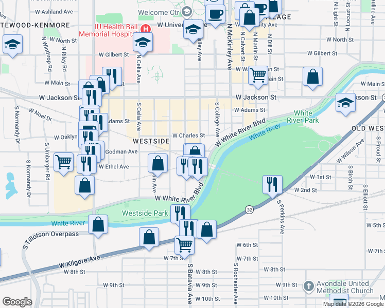 map of restaurants, bars, coffee shops, grocery stores, and more near in Muncie