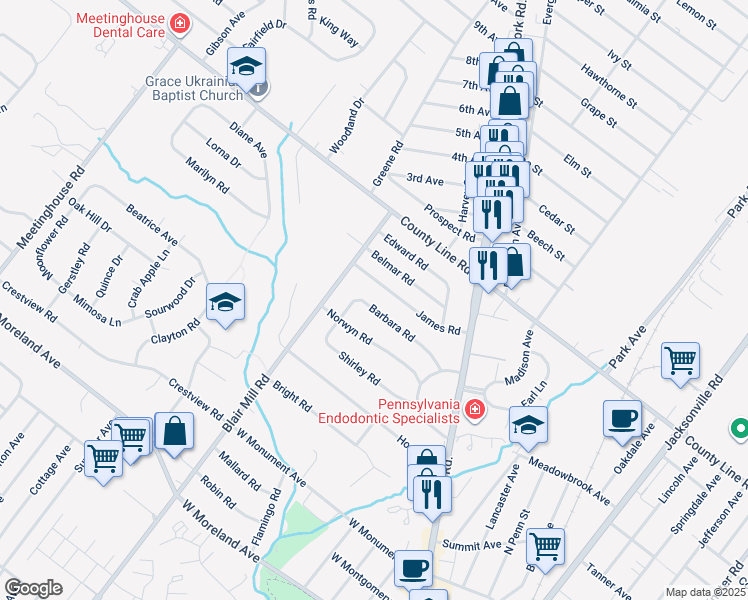 map of restaurants, bars, coffee shops, grocery stores, and more near 42 Barbara Road in Hatboro