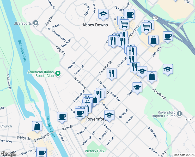 map of restaurants, bars, coffee shops, grocery stores, and more near 116 North 6th Avenue in Royersford