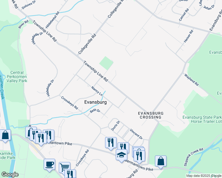 map of restaurants, bars, coffee shops, grocery stores, and more near 3922 Township Line Road in Collegeville