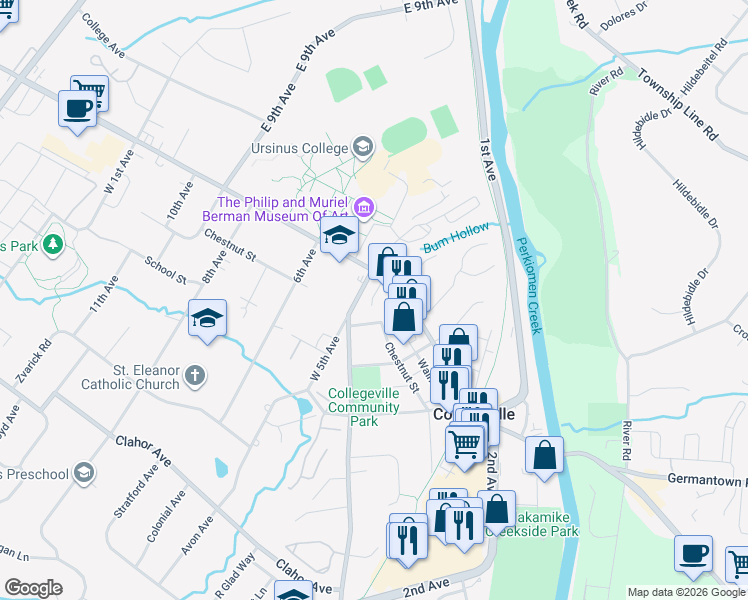 map of restaurants, bars, coffee shops, grocery stores, and more near 36 West 5th Avenue in Collegeville