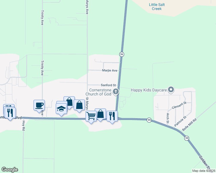 map of restaurants, bars, coffee shops, grocery stores, and more near 22855 Sanford Street in Red Bluff