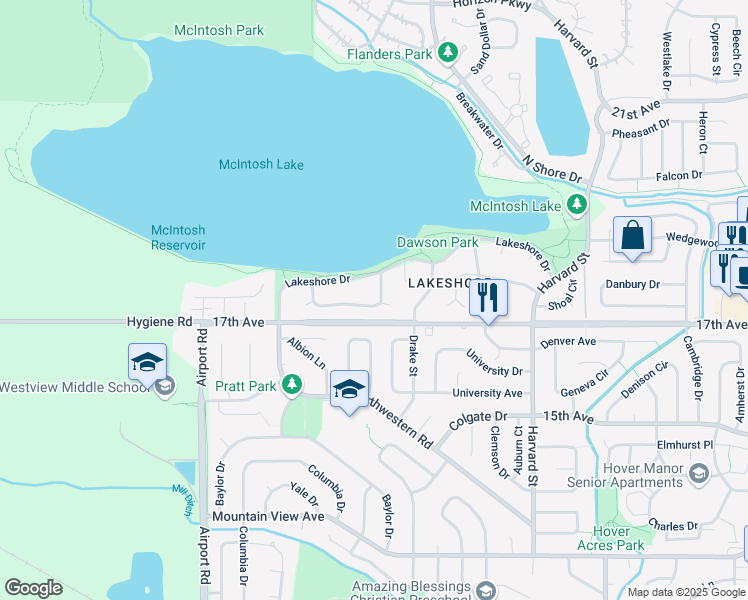 map of restaurants, bars, coffee shops, grocery stores, and more near 3129 Lakeview Circle in Longmont