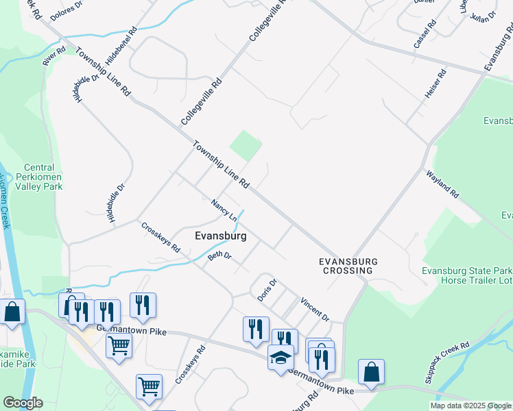 map of restaurants, bars, coffee shops, grocery stores, and more near 3922 Township Line Road in Collegeville