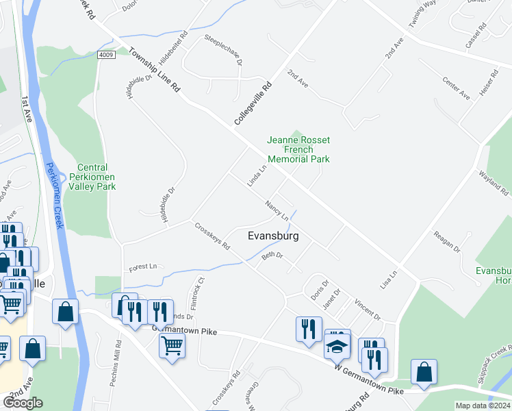 map of restaurants, bars, coffee shops, grocery stores, and more near 3948 Nancy Lane in Collegeville