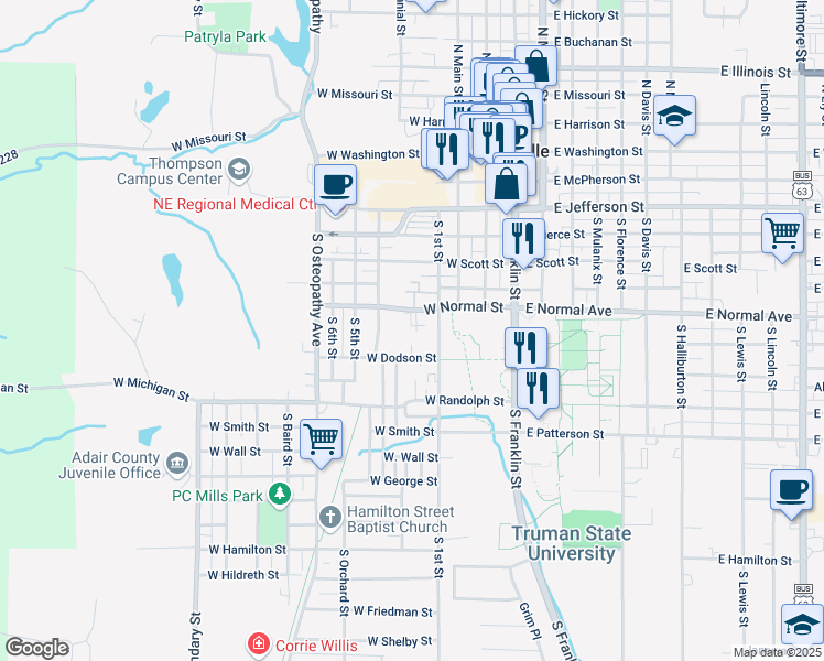 map of restaurants, bars, coffee shops, grocery stores, and more near 702 South Sheridan Street in Kirksville