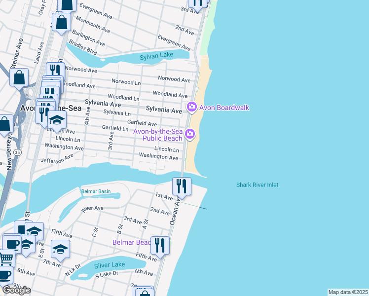 map of restaurants, bars, coffee shops, grocery stores, and more near 203 Ocean Avenue in Avon-by-the-Sea