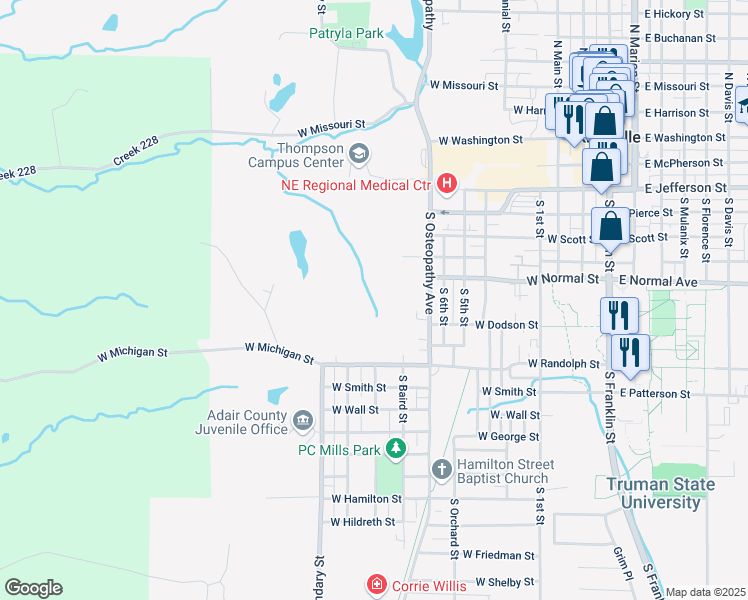 map of restaurants, bars, coffee shops, grocery stores, and more near 716 South Osteopathy Avenue in Kirksville