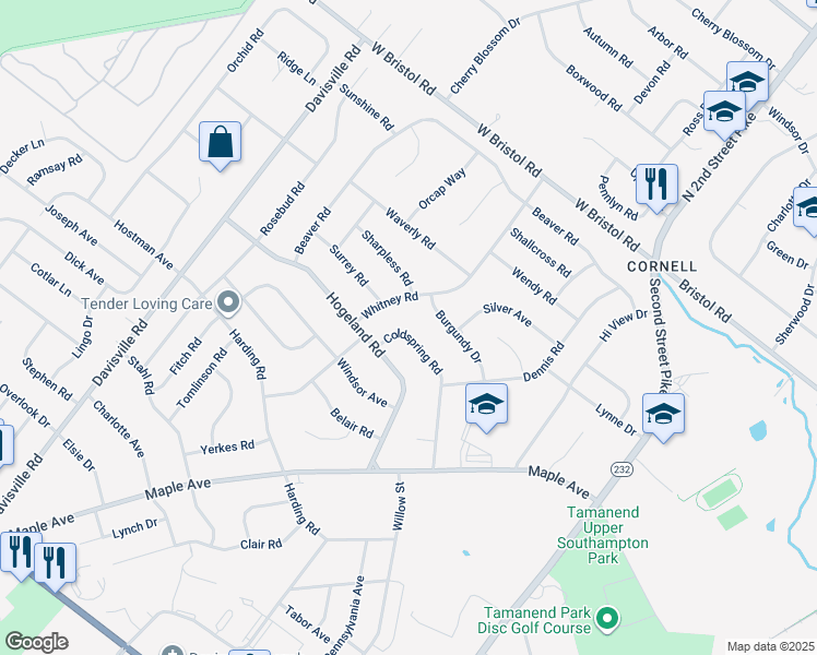map of restaurants, bars, coffee shops, grocery stores, and more near 327 Coldspring Road in Southampton