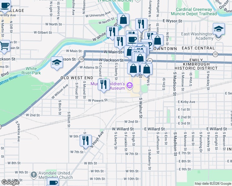 map of restaurants, bars, coffee shops, grocery stores, and more near 398 West Seymour Street in Muncie