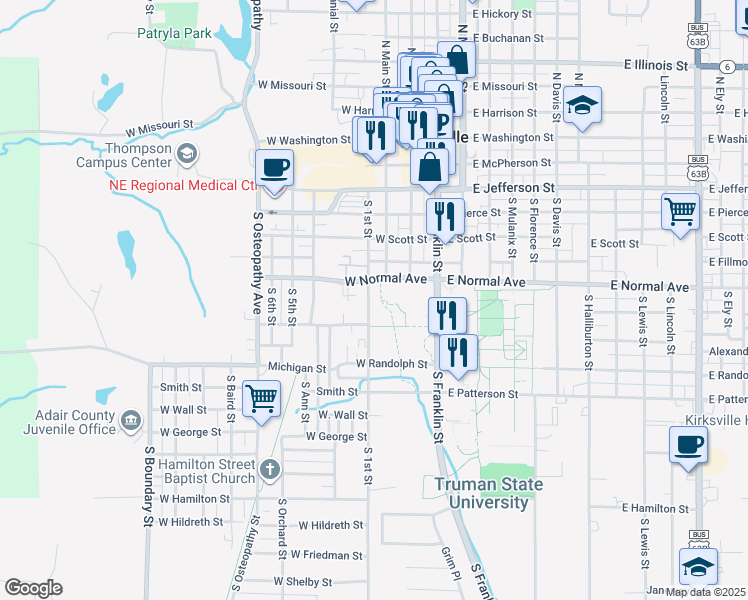 map of restaurants, bars, coffee shops, grocery stores, and more near 715 South 1st Street in Kirksville