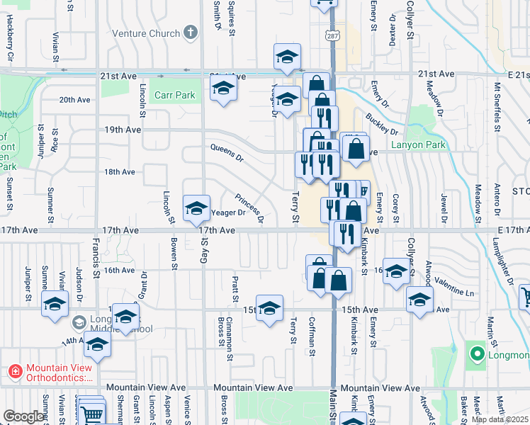 map of restaurants, bars, coffee shops, grocery stores, and more near 1720 Princess Drive in Longmont