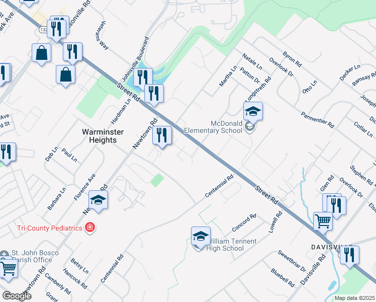 map of restaurants, bars, coffee shops, grocery stores, and more near 2205 Centennial Station Drive in Warminster