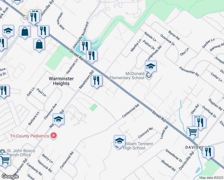 map of restaurants, bars, coffee shops, grocery stores, and more near 2205 Centennial Station Drive in Warminster