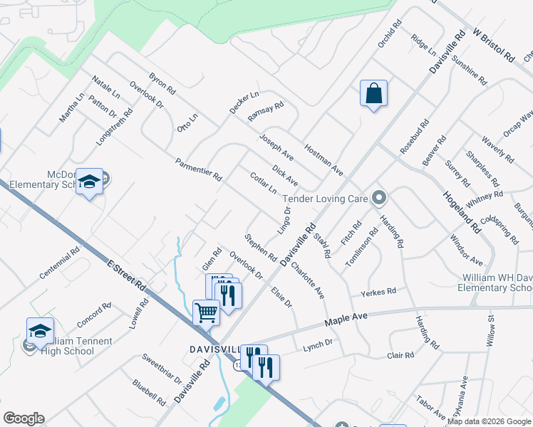map of restaurants, bars, coffee shops, grocery stores, and more near 795 Parmentier Road in Warminster