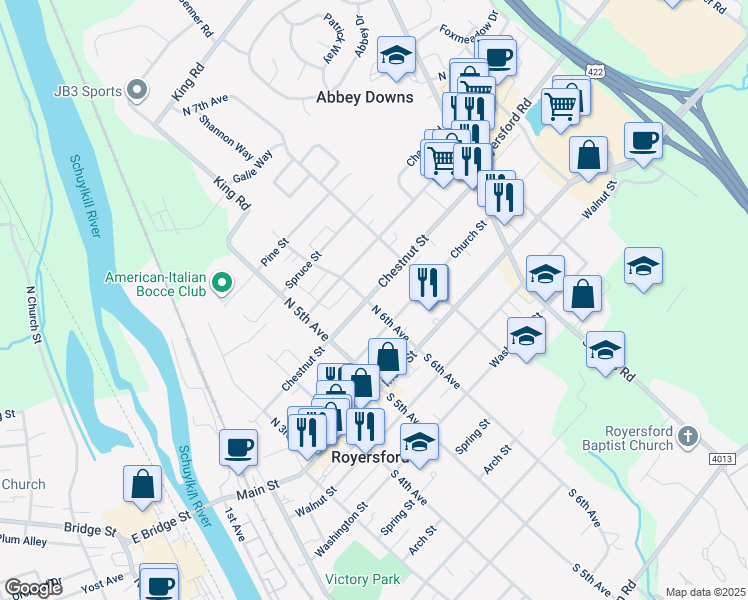 map of restaurants, bars, coffee shops, grocery stores, and more near 116 North 6th Avenue in Royersford