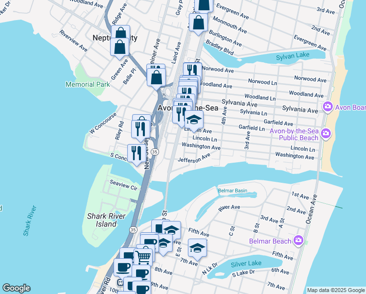 map of restaurants, bars, coffee shops, grocery stores, and more near 523 Washington Avenue in Avon-by-the-Sea