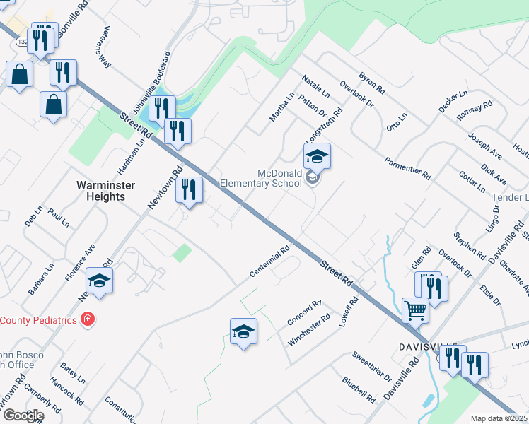 map of restaurants, bars, coffee shops, grocery stores, and more near 455 East Street Road in Warminster