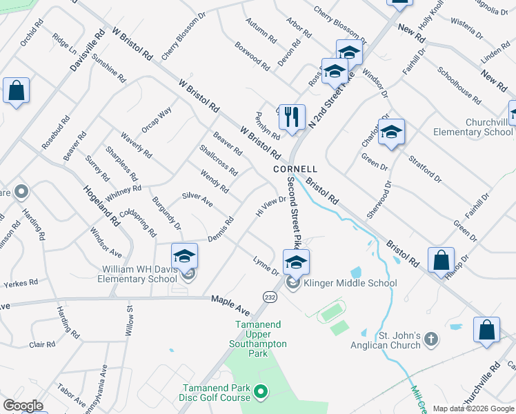 map of restaurants, bars, coffee shops, grocery stores, and more near 1384 Hi View Drive in Southampton
