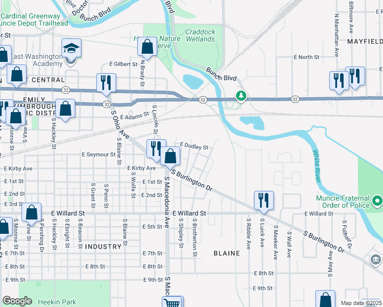 map of restaurants, bars, coffee shops, grocery stores, and more near 520 South Shipley Street in Muncie