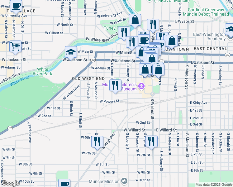 map of restaurants, bars, coffee shops, grocery stores, and more near 99 West Orchard Place in Muncie