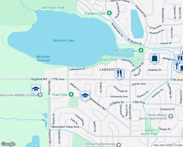 map of restaurants, bars, coffee shops, grocery stores, and more near 3129 Lakeview Circle in Longmont