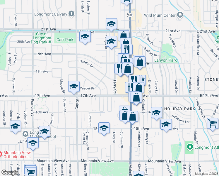map of restaurants, bars, coffee shops, grocery stores, and more near 1739 Terry St in Longmont