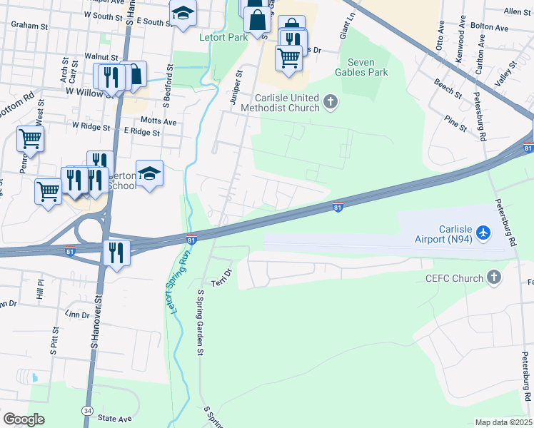 map of restaurants, bars, coffee shops, grocery stores, and more near 38 Garden Parkway in Carlisle