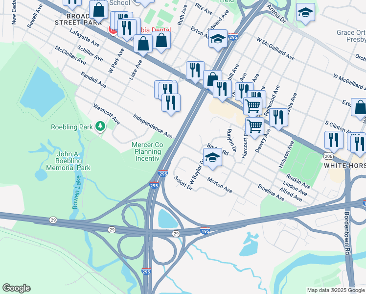 map of restaurants, bars, coffee shops, grocery stores, and more near 651 Independence Avenue in Trenton