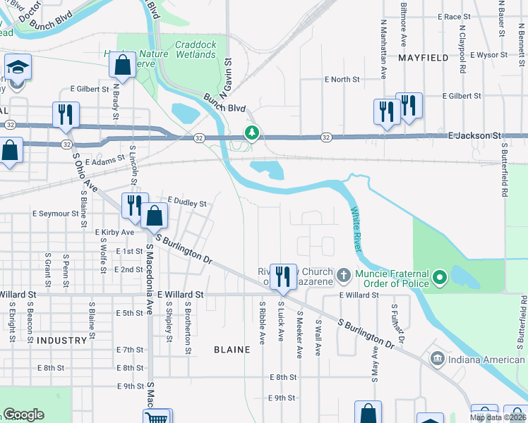 map of restaurants, bars, coffee shops, grocery stores, and more near 702 S Ribble Ave in Muncie