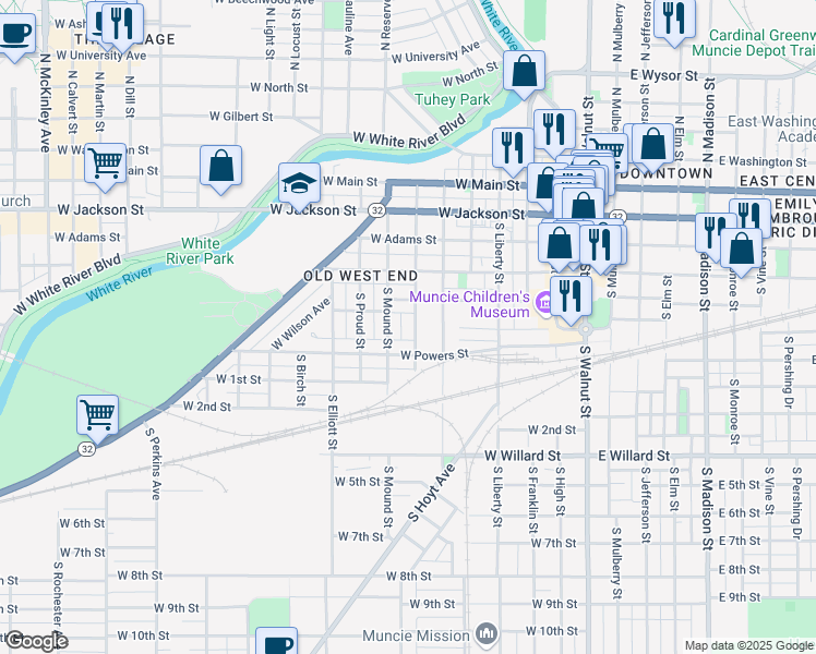 map of restaurants, bars, coffee shops, grocery stores, and more near 527 South Gharkey Street in Muncie