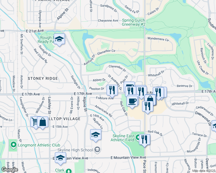 map of restaurants, bars, coffee shops, grocery stores, and more near 1779 Preston Drive in Longmont