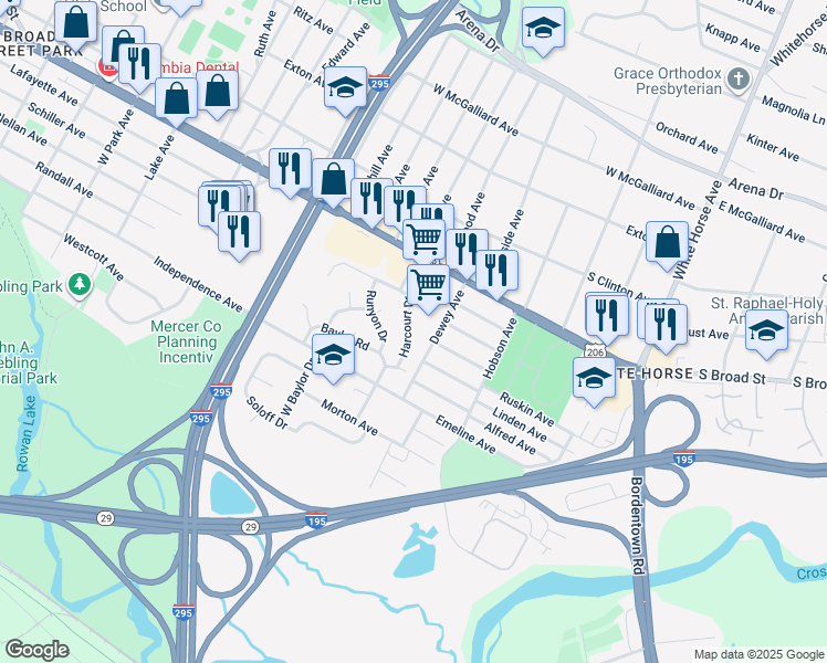 map of restaurants, bars, coffee shops, grocery stores, and more near 110 Harcourt Drive in Trenton