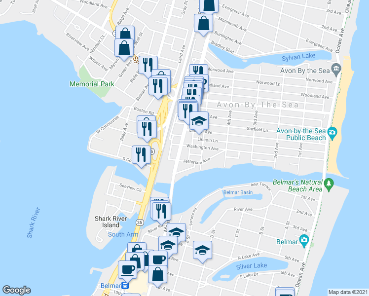 map of restaurants, bars, coffee shops, grocery stores, and more near 120 Main St in Avon-by-the-Sea