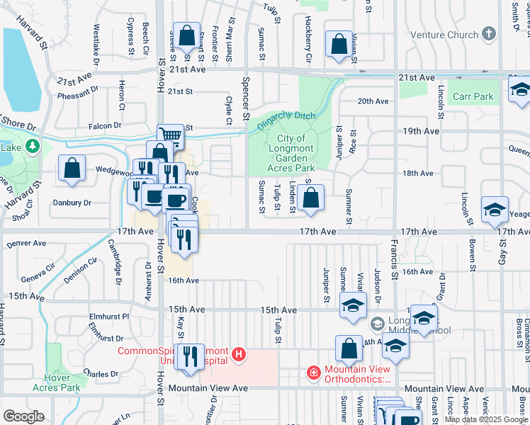 map of restaurants, bars, coffee shops, grocery stores, and more near 1714 Sumac Street in Longmont
