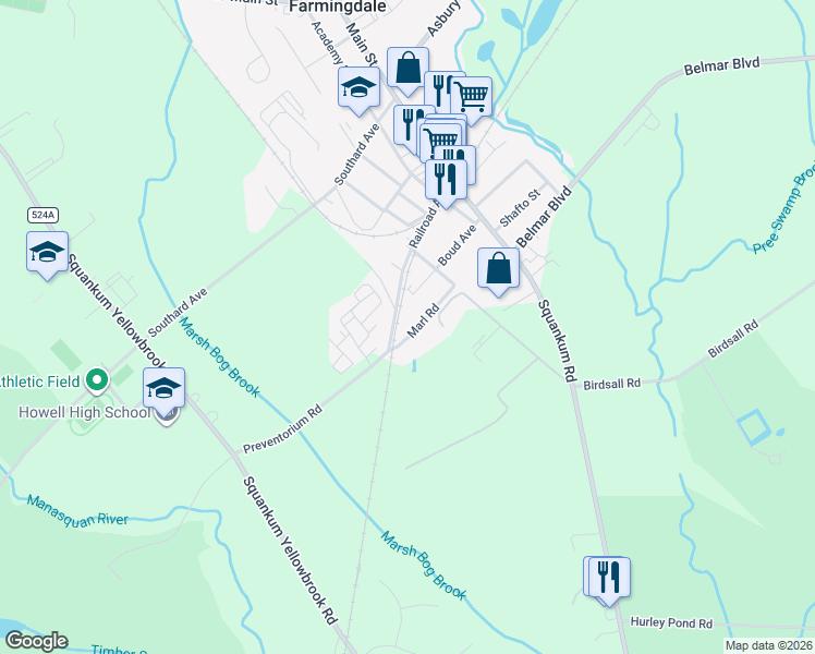 map of restaurants, bars, coffee shops, grocery stores, and more near 6 Marl Road in Farmingdale