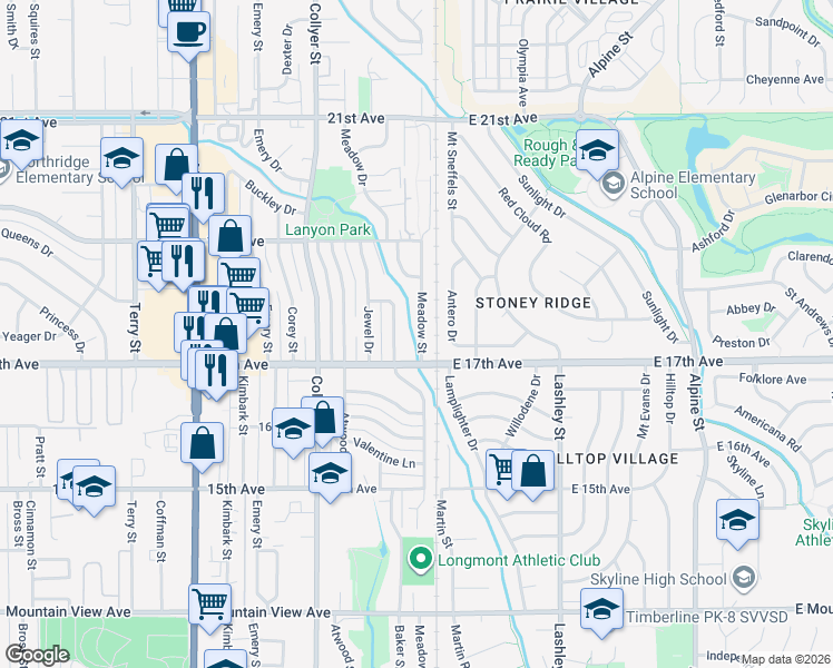 map of restaurants, bars, coffee shops, grocery stores, and more near 1721 Meadow Street in Longmont