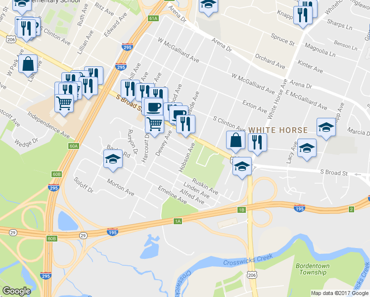 map of restaurants, bars, coffee shops, grocery stores, and more near 67 Miles Ave in Trenton