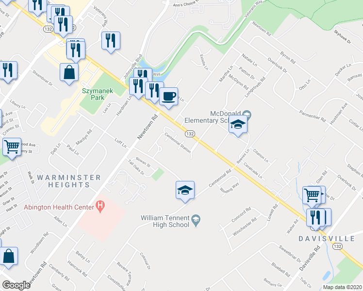 map of restaurants, bars, coffee shops, grocery stores, and more near 7104 Centennial Station in Warminster