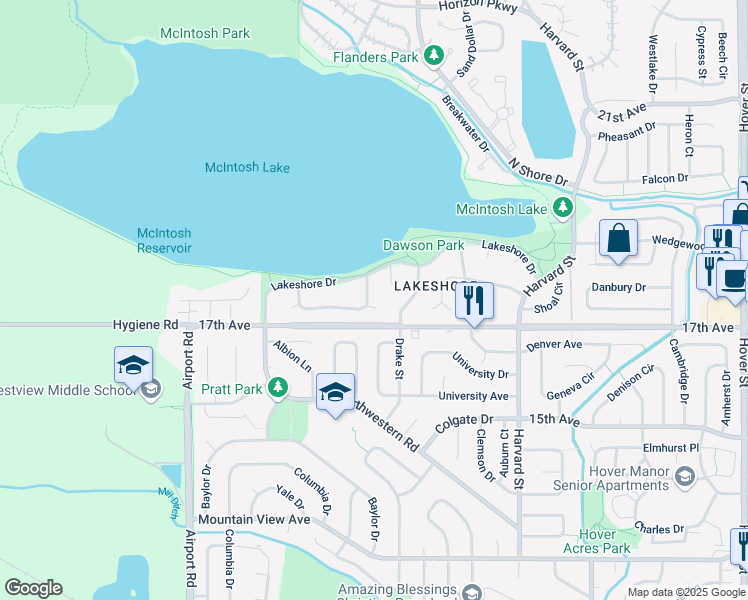 map of restaurants, bars, coffee shops, grocery stores, and more near 3129 Lakeview Circle in Longmont