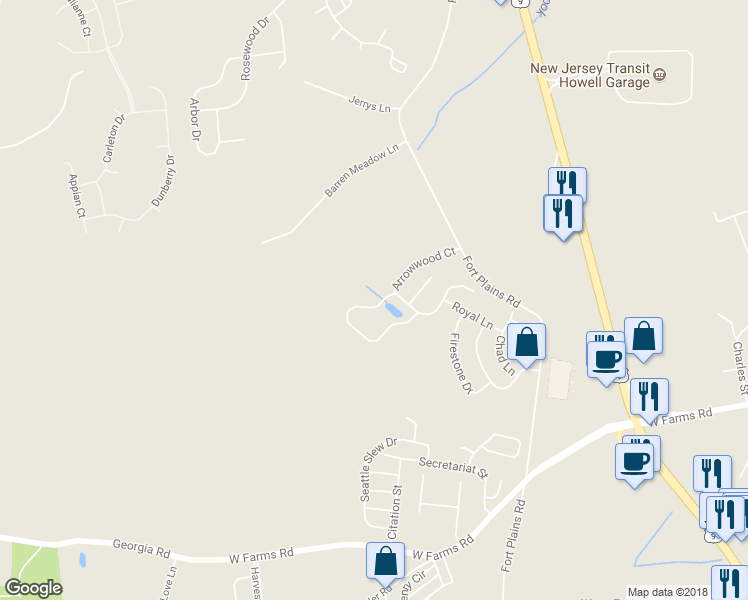 map of restaurants, bars, coffee shops, grocery stores, and more near 12 Bracken Court in Howell Township