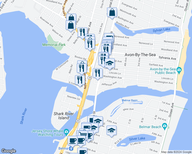 map of restaurants, bars, coffee shops, grocery stores, and more near 119 South Station Avenue in Avon-by-the-Sea