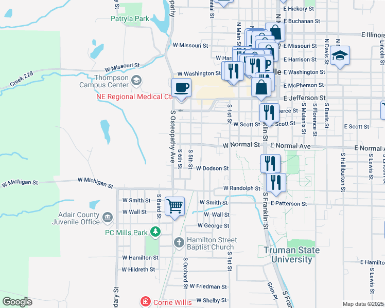 map of restaurants, bars, coffee shops, grocery stores, and more near 719 South 5th Street in Kirksville