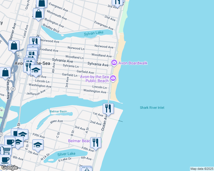 map of restaurants, bars, coffee shops, grocery stores, and more near 203 Ocean Avenue in Avon-by-the-Sea