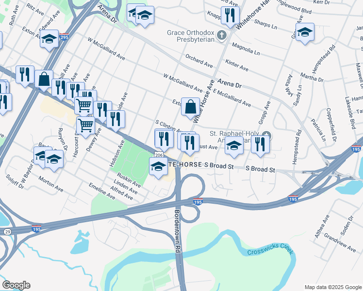 map of restaurants, bars, coffee shops, grocery stores, and more near 52 White Horse Avenue in Trenton