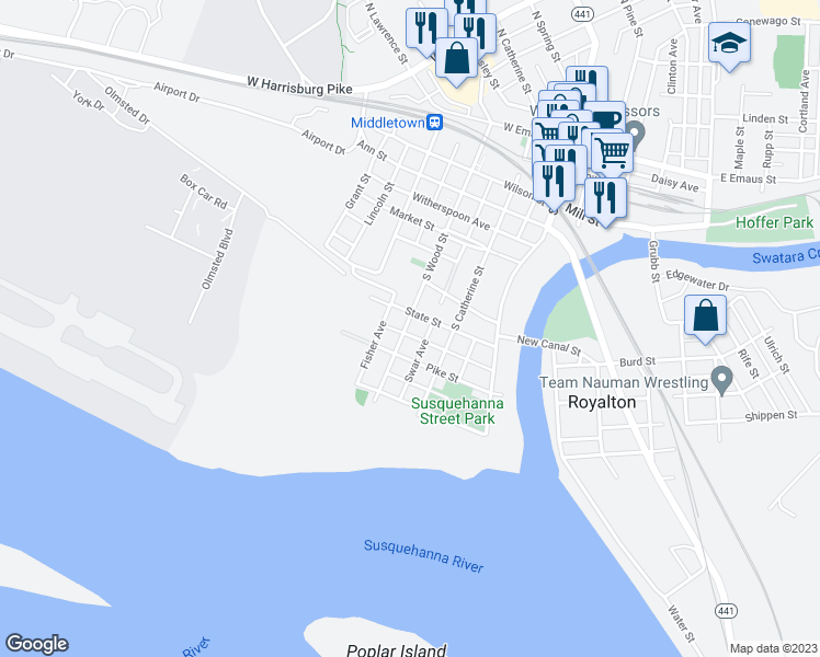 map of restaurants, bars, coffee shops, grocery stores, and more near 616 South Wood Street in Middletown