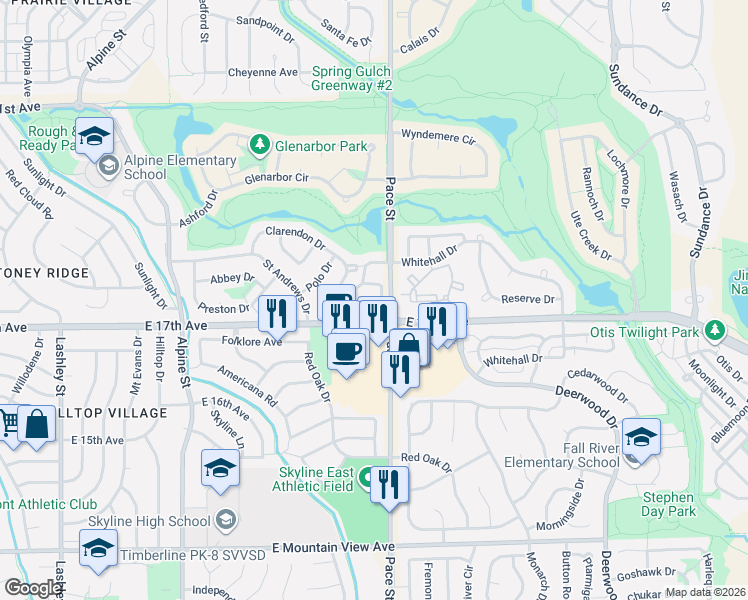 map of restaurants, bars, coffee shops, grocery stores, and more near 41 Whitehall Drive in Longmont