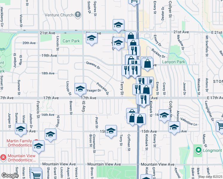 map of restaurants, bars, coffee shops, grocery stores, and more near 1720 Princess Drive in Longmont