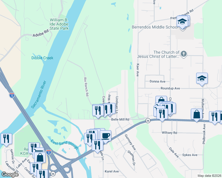 map of restaurants, bars, coffee shops, grocery stores, and more near 150 Kimick Way in Red Bluff