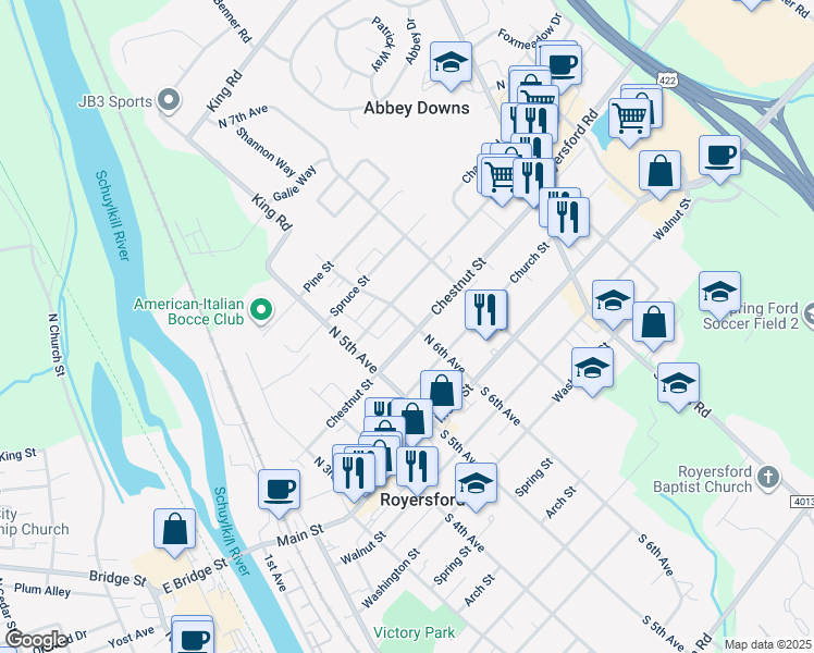 map of restaurants, bars, coffee shops, grocery stores, and more near 565 Chestnut Street in Royersford